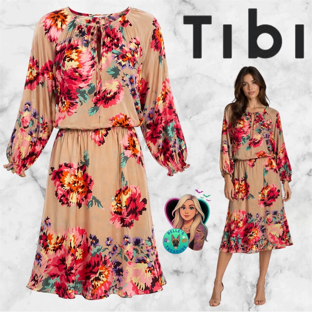 Tibi New York Womens 10 Pink Floral Silk Midi Dress Oversize Luxury Resort Vacay